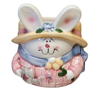 Easter Bunny Planter Ceramic Hat Holding Flowers Watering Can Plaid Shirt Spring